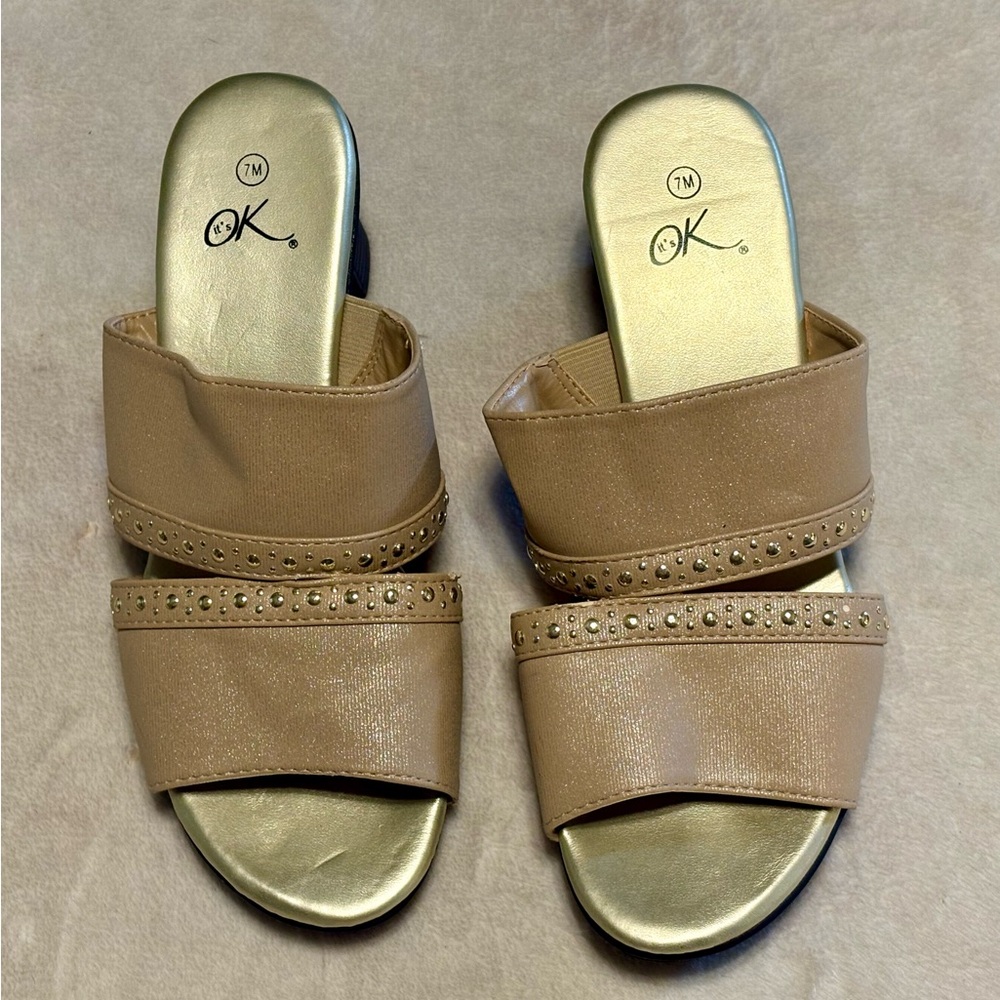 It’s OK Elegant Tan and Gold Low Rubber Heel with Glittery Decorative Design